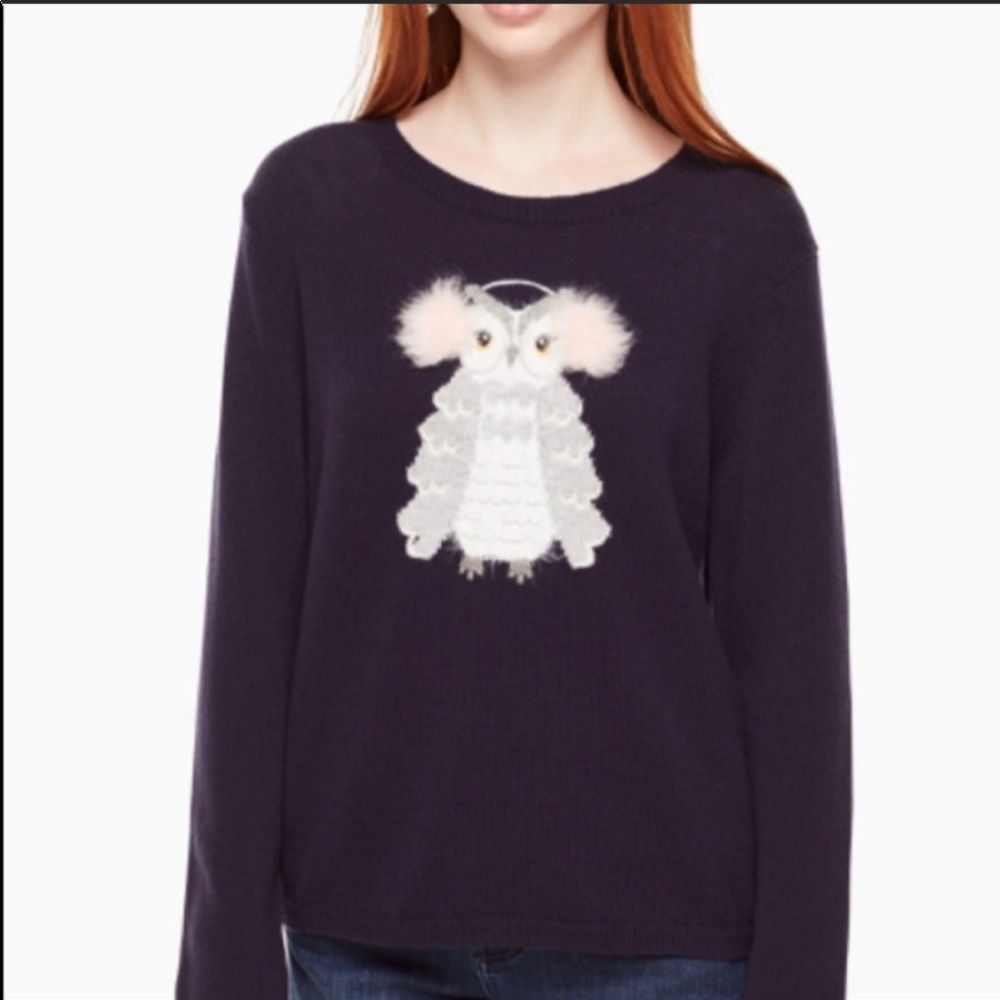 KATE SPADE Navy Blue Fuzzy Grey Owl Wool Knit Sweater Women’s Size XL NEW